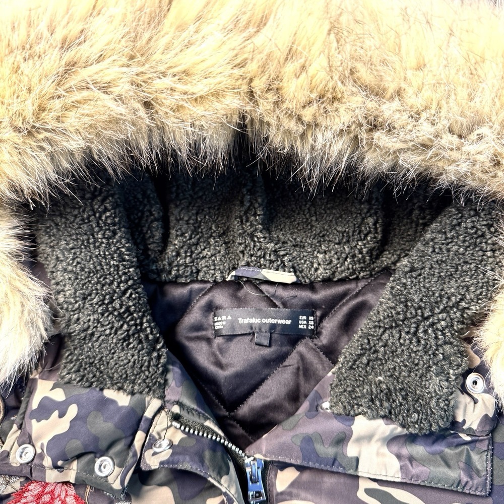 Zara Trafaluc Camouflage Floral Embroidered Hooded‎ Zip Off Fur Coat Womens XS - Picture 2 of 13